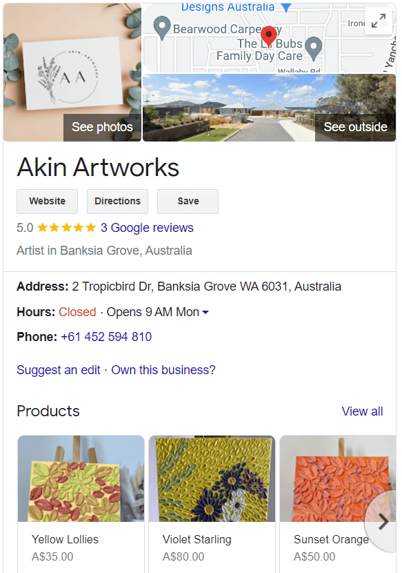 sample Google Business Profile for Akin Artworks